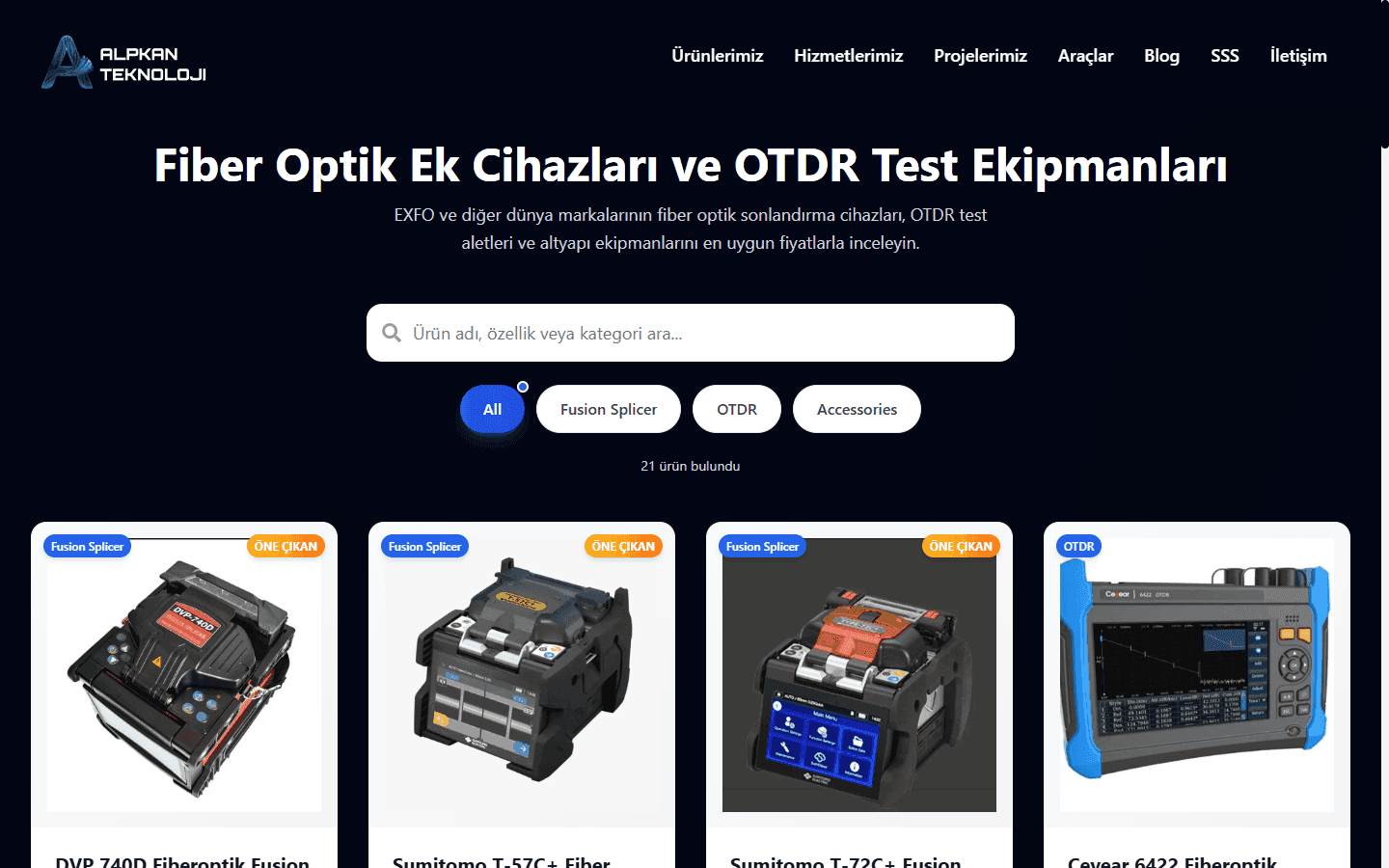 Alpkan Teknoloji fiber optic product catalog page