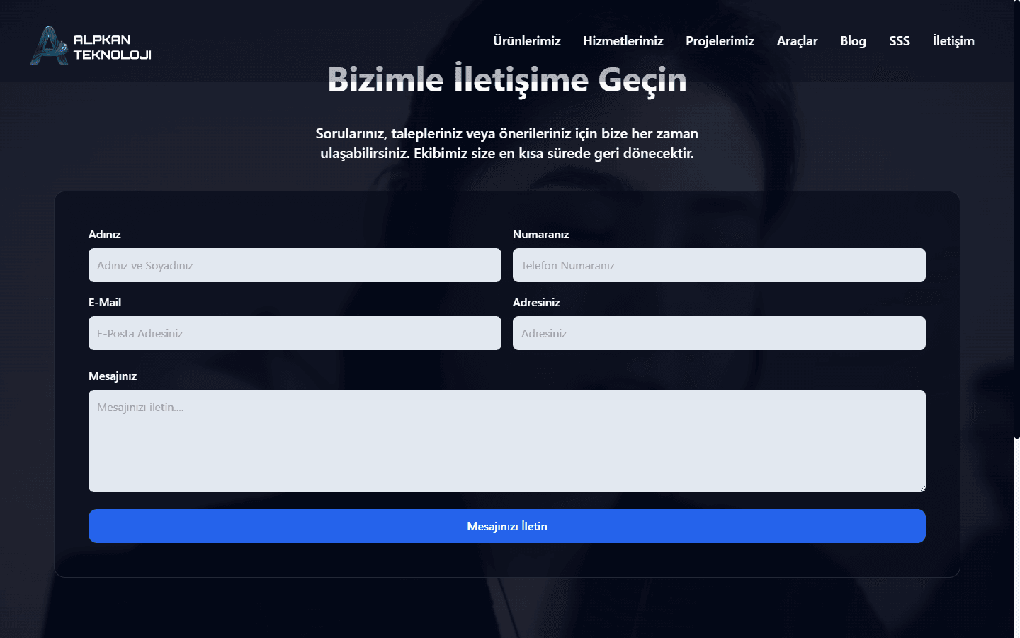 Alpkan Teknoloji corporate contact and quote request page