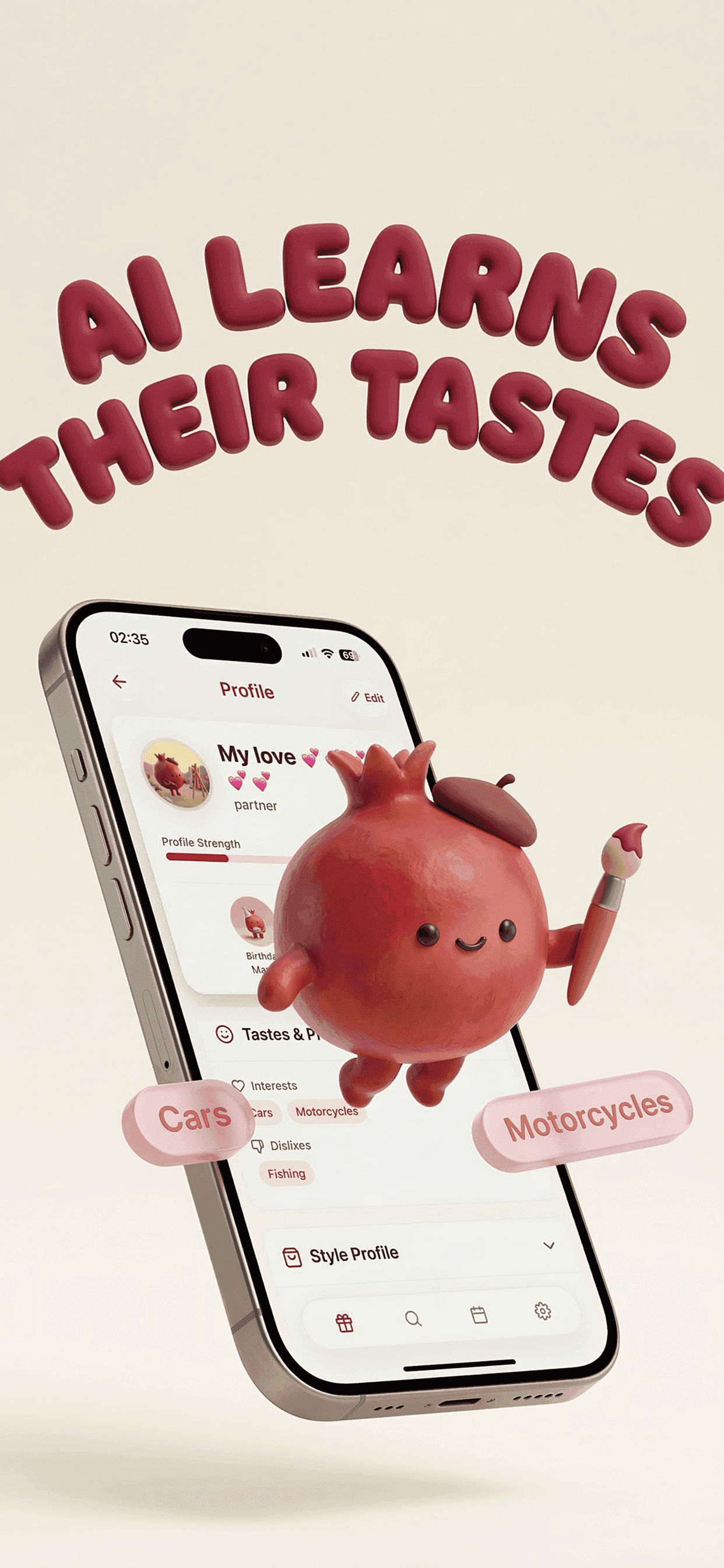 Aril iOS app — AI-powered gift recommendation taste profile screen, built with React Native and Claude API