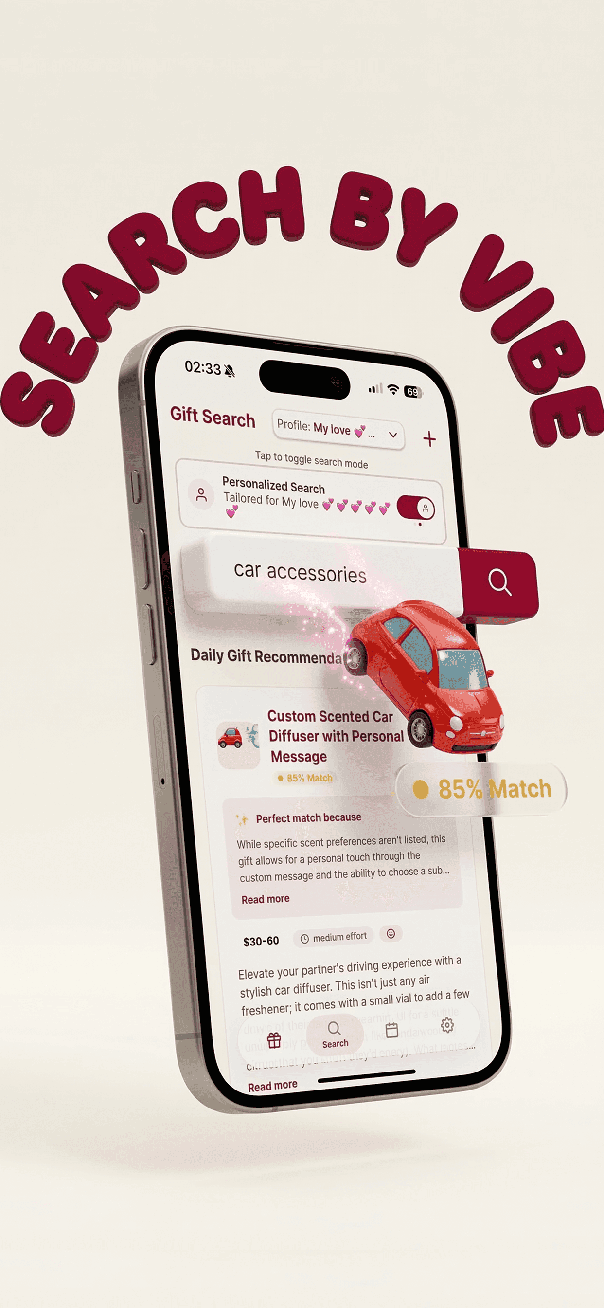 Aril mobile app gift search — personalized recommendations generated by Claude API