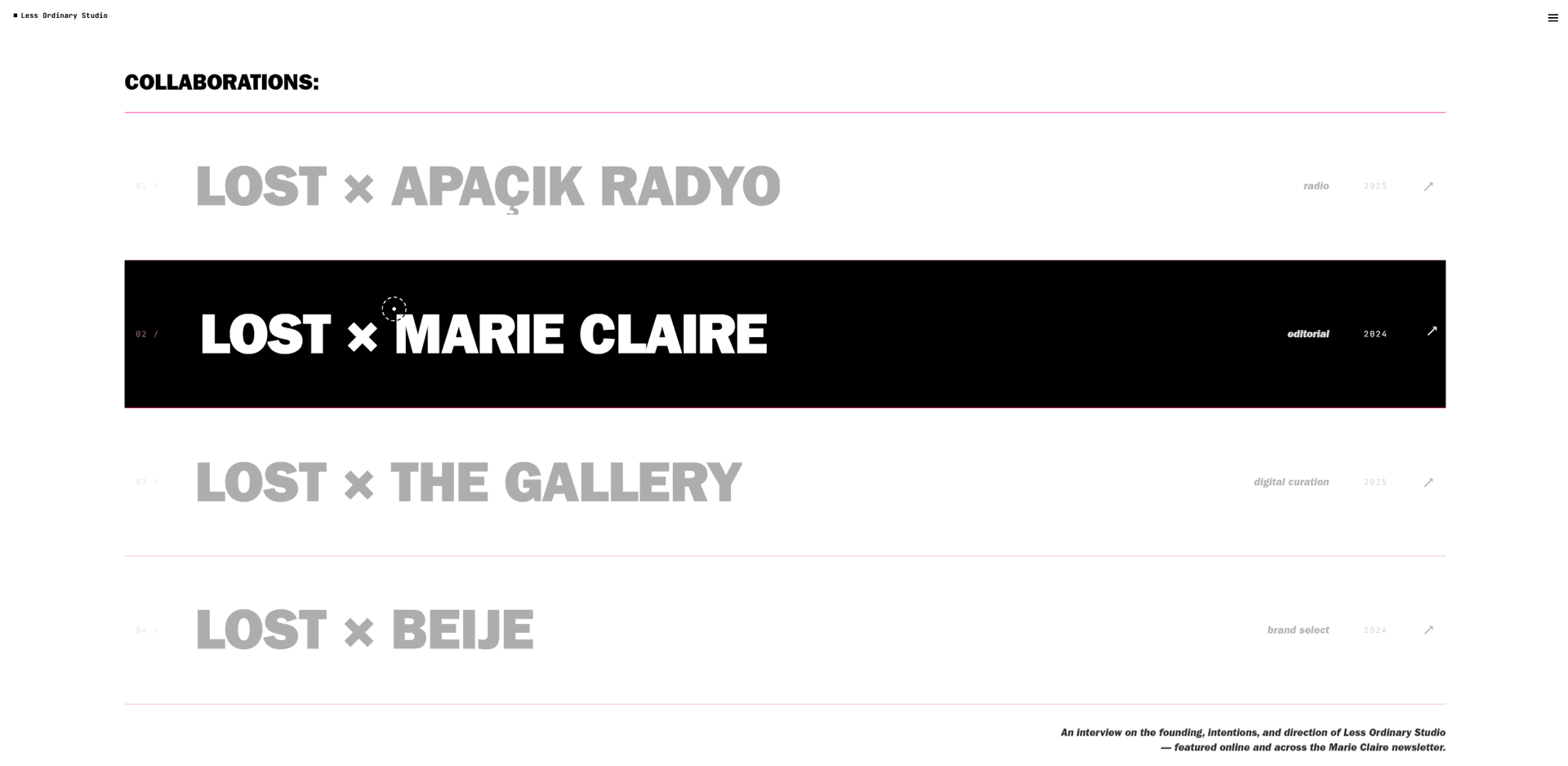 Less Ordinary Studio collaborations index with Marie Claire and other brand work, hover interaction
