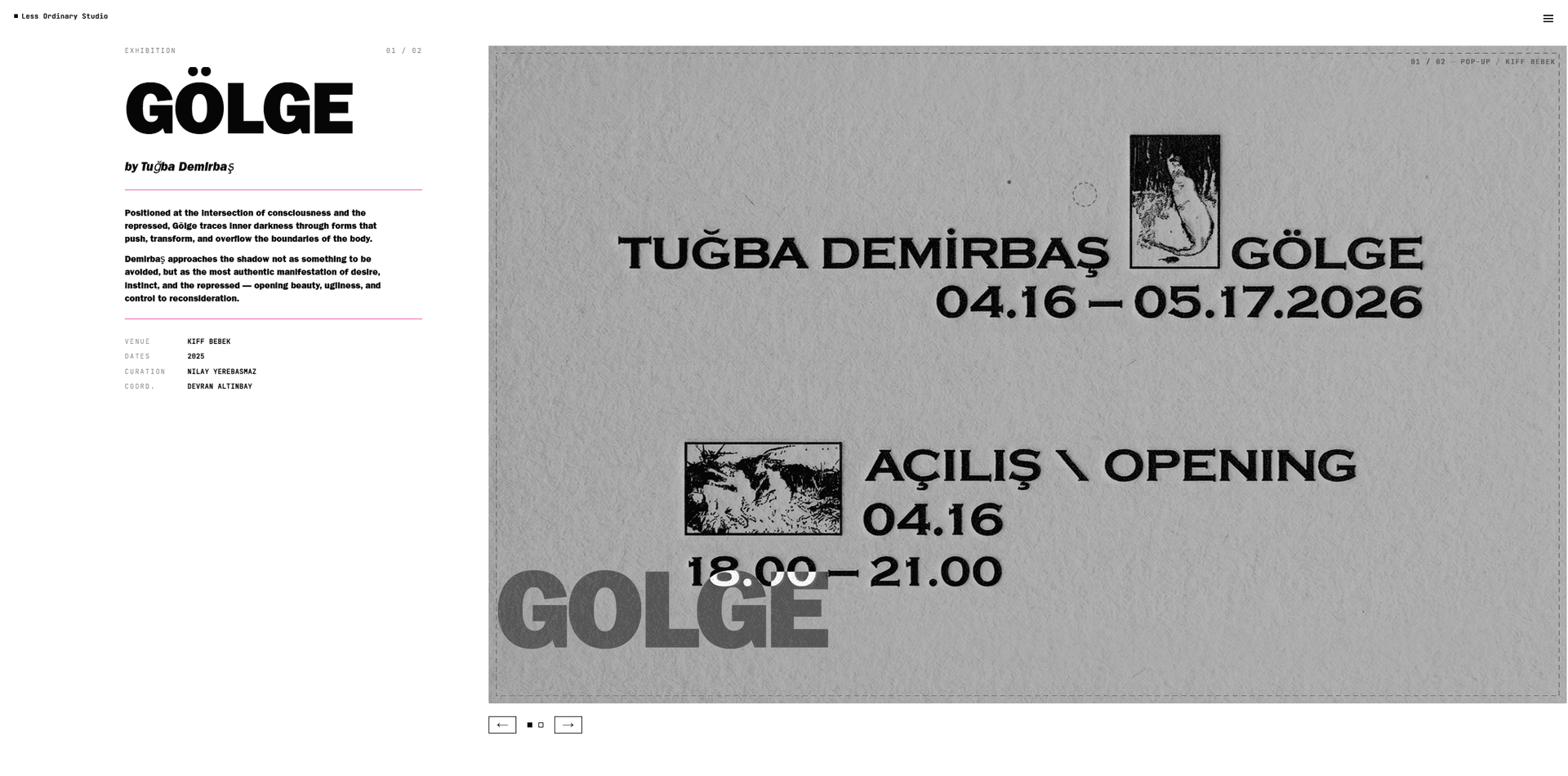 Less Ordinary Studio Tuğba Demirbaş Gölge exhibition page with overlapping typography