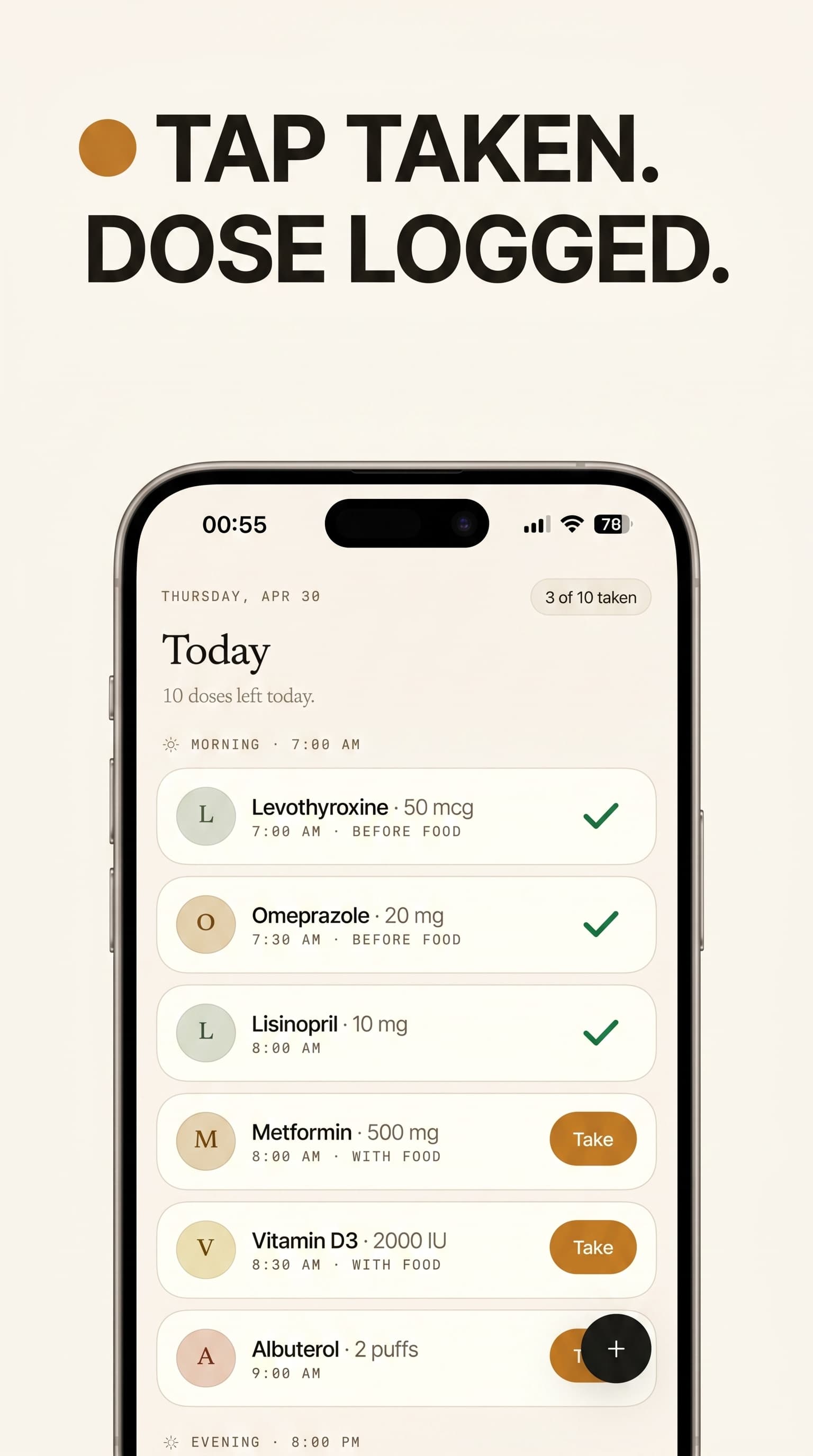 Pill Reminder Kit iOS app — daily medication schedule with one-tap dose logging, React Native + Expo