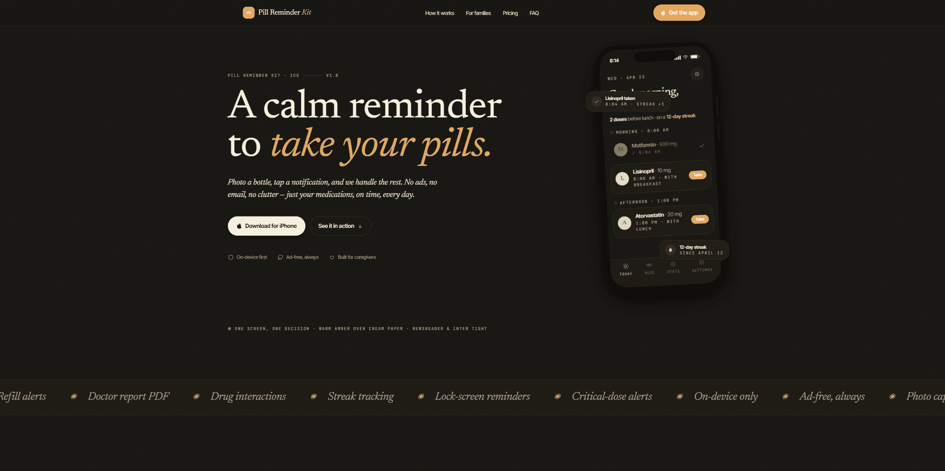 Pill Reminder Kit marketing site hero — calm reminder headline with phone mockup, dark theme