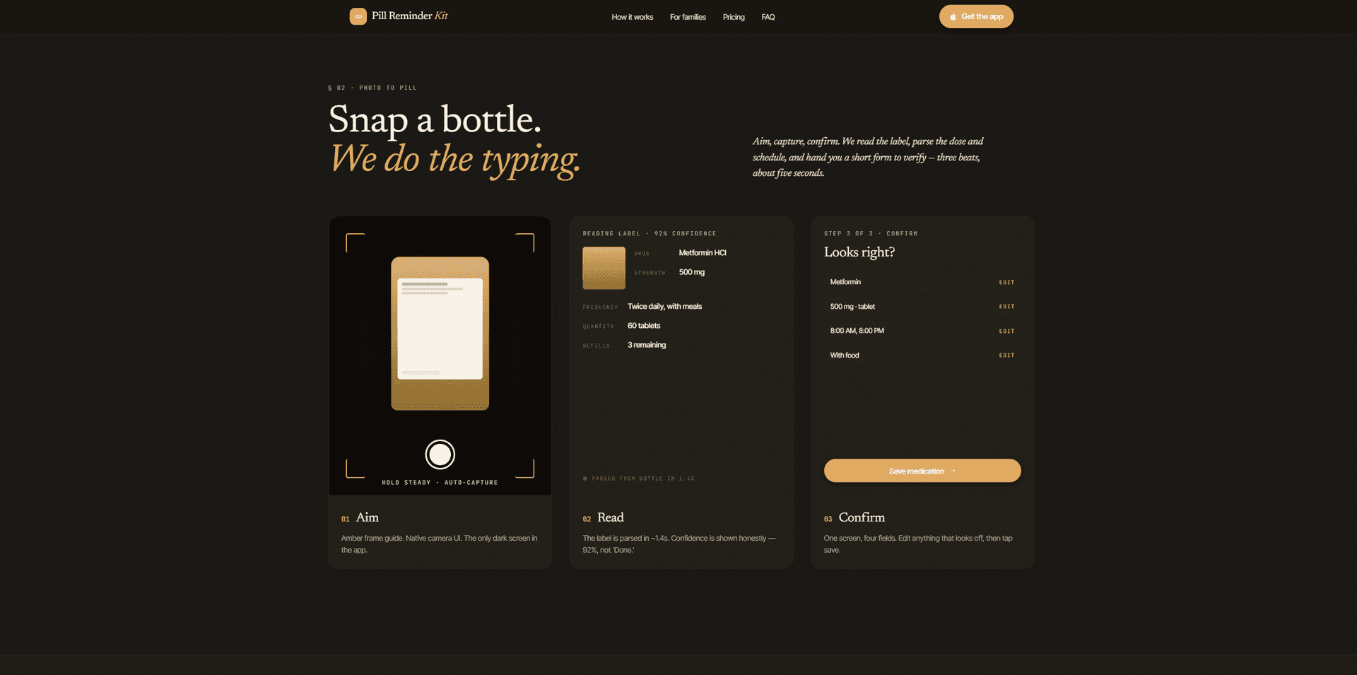 Pill Reminder Kit site — three-step Snap a bottle label scan flow with aim, read, confirm cards