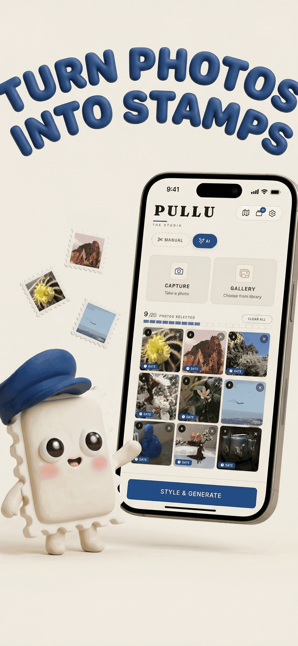 Pullu mobile stamp app — photo library converting images into custom stamps, React Native + Canvas