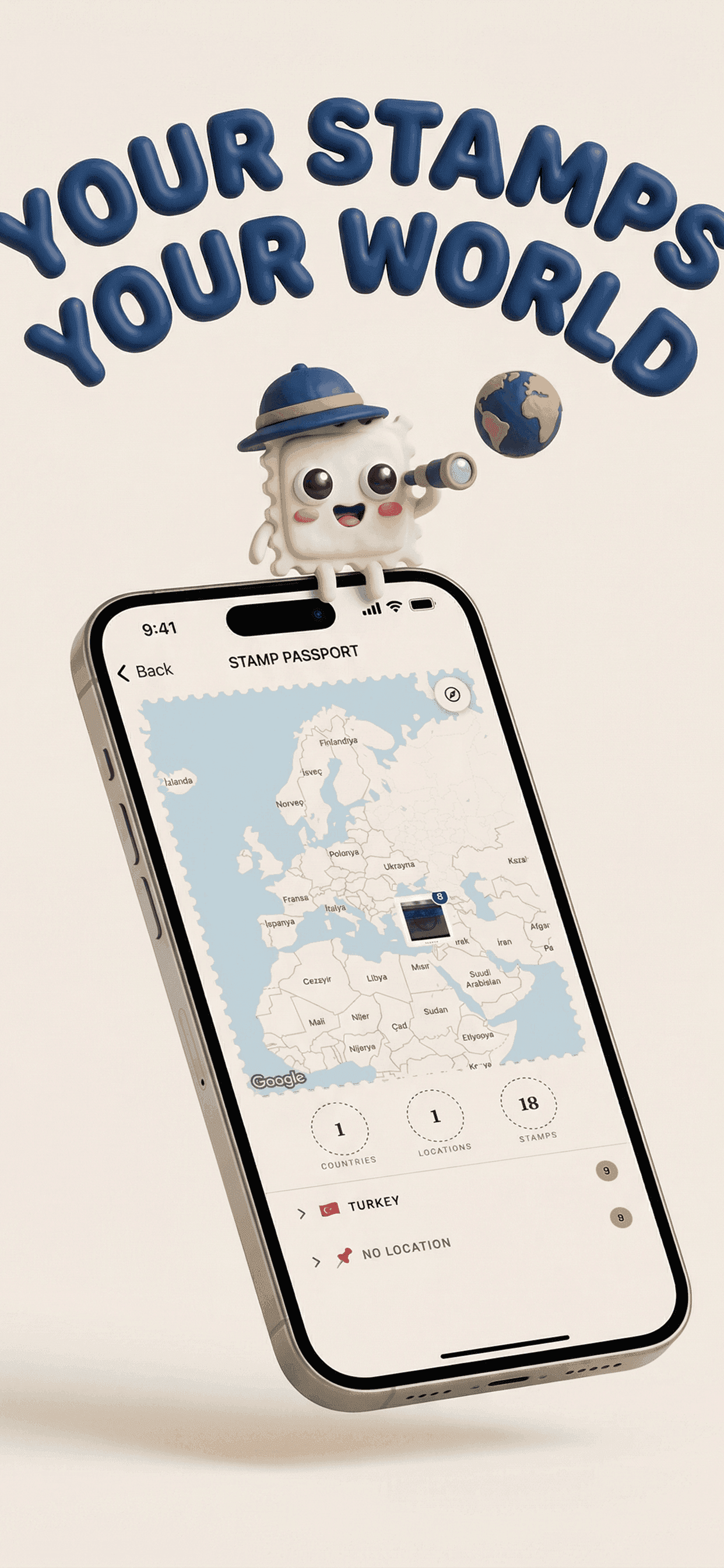Pullu stamp passport world map, location-tagged stamps