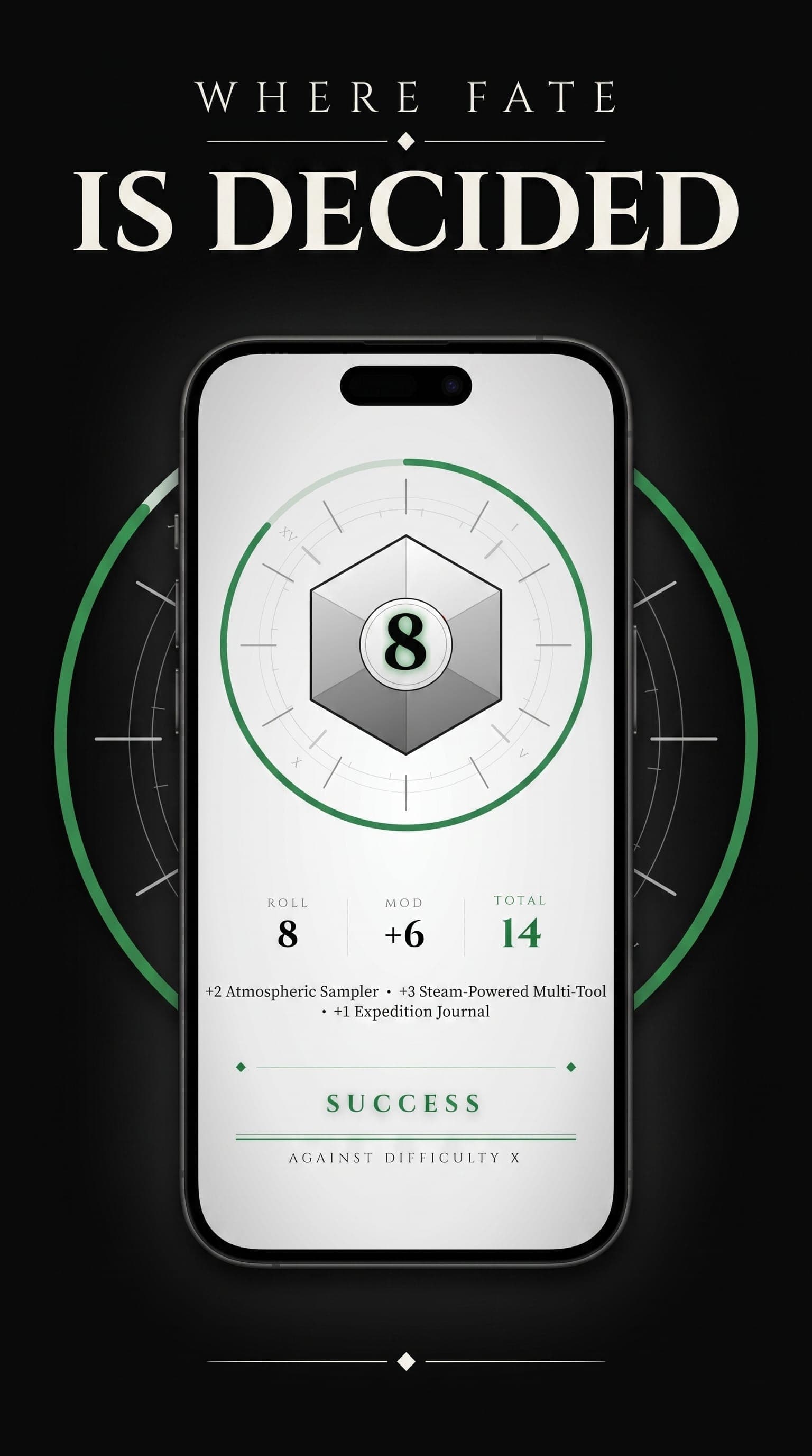 ÜRE interactive story dice roll resolution screen